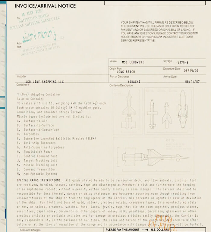 In Iron Man (2008) When Pepper Potts Is Investigating Jeff Bridges's Character Obidiah Stane's Secret Arms Dealing With Terrorists, One Of The Documents List A Vessel Named Msc Lebowski Being Used For Shipping