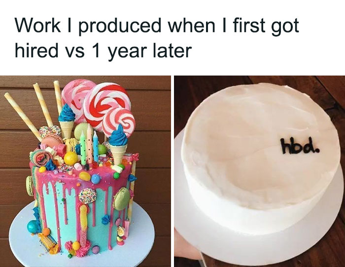 A colorful, elaborate cake next to a plain white cake; a humorous take on corporate life.