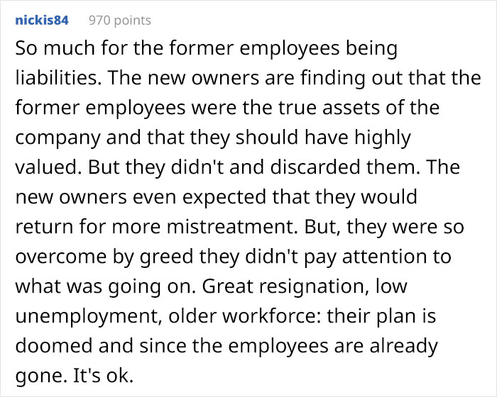 Employees With Specific Knowledge How To Use Their Machines Decide They Won’t Be Reapplying To Their Jobs After New Owners Laid Them Off Employees With Specific Knowledge How To Use Their Machines Decide They Won’t Be Reapplying To Their Jobs After New Owners Laid Them Off