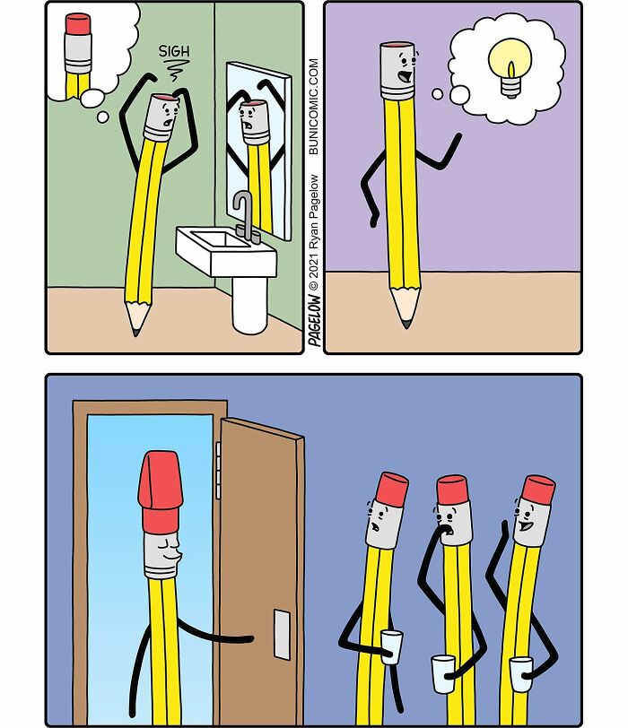 Comic strip featuring a pencil character showing funny, sad, and twisted emotions in a creative cartoon style.