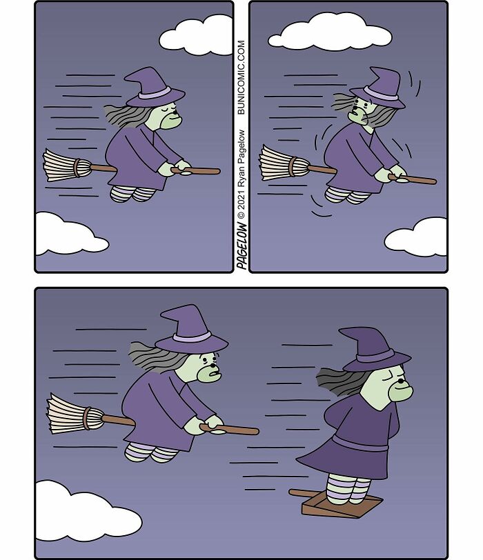 Comic strip of a witch flying on a broom then swapping to a skateboard, showcasing twisted humor in comics by Buni.