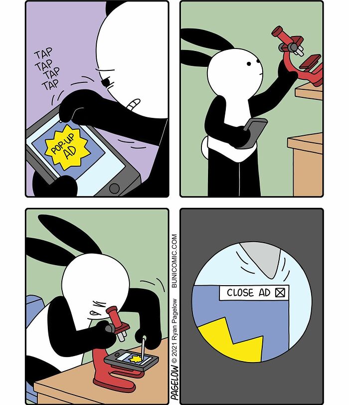 Black and white cartoon rabbit frustrated by pop-up ads, using a microscope to examine and close a digital ad.