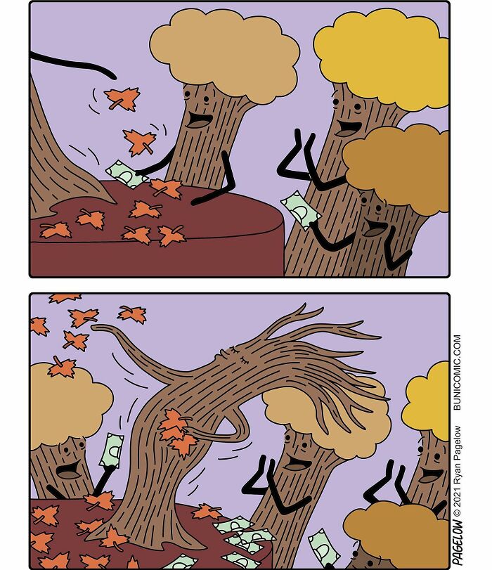 Comic panels show trees with faces paying money to a tree detaching branches while leaves fall, funny sad twisted comics by Buni.