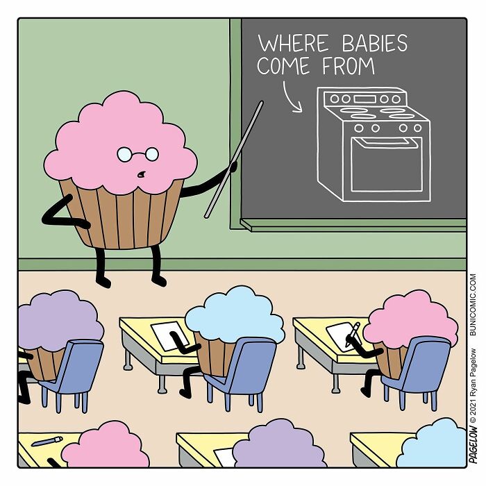 Cupcake comic character teaching other cupcakes in a classroom about where babies come from in a funny and twisted style.