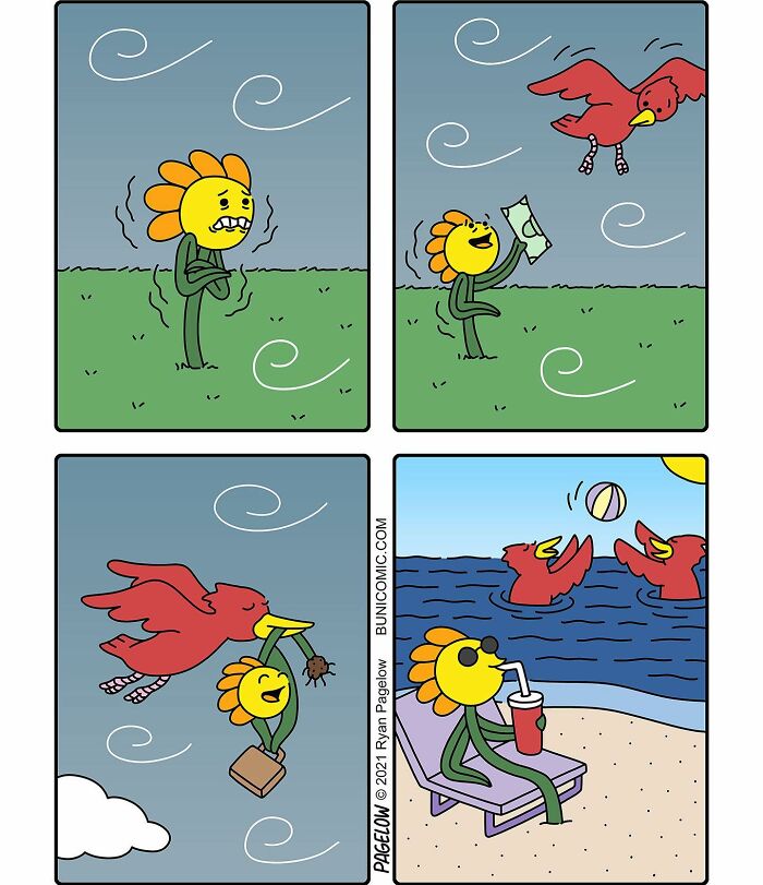 Comic strip showing a funny and twisted story with a sunflower character and birds in a simple colorful style.
