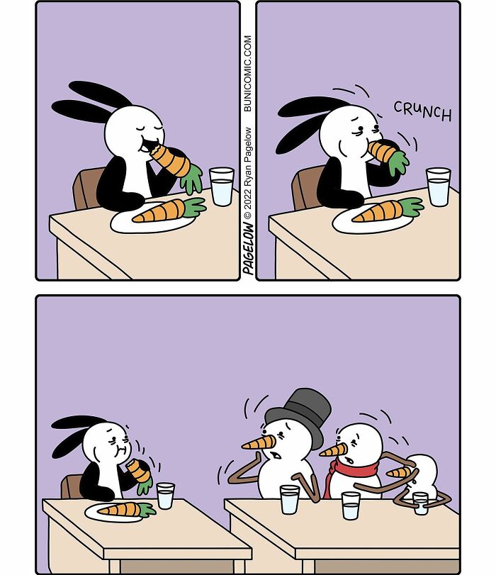 Buni comic showing a rabbit eating a carrot that turns into carrot noses for shocked snowmen nearby in a funny, twisted scene.