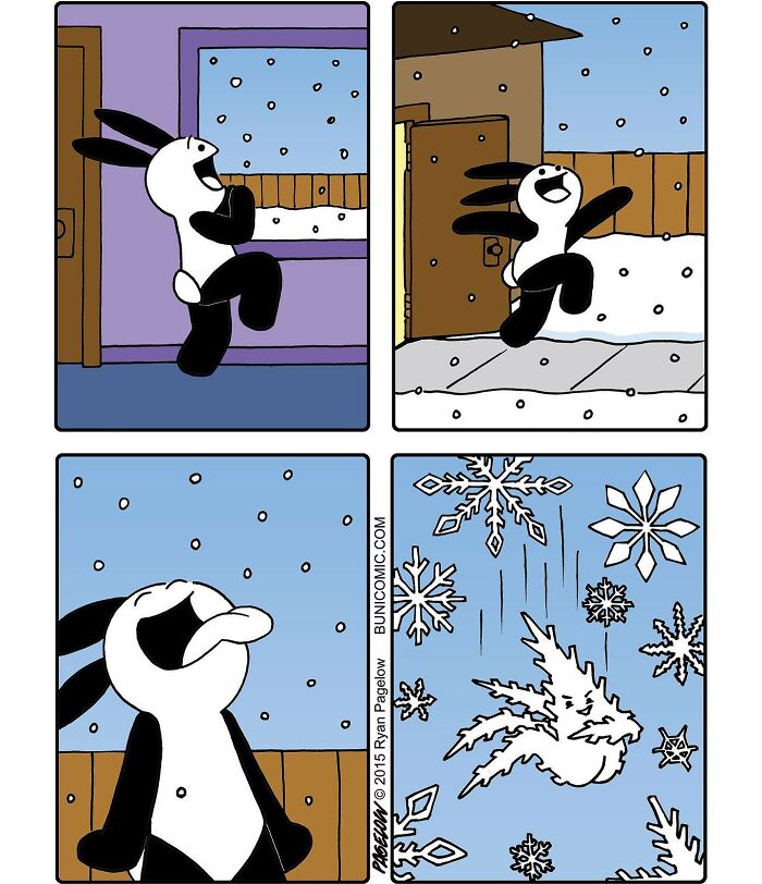 Comic strip featuring a black and white bunny enjoying snowflakes with a humorous and twisted twist.