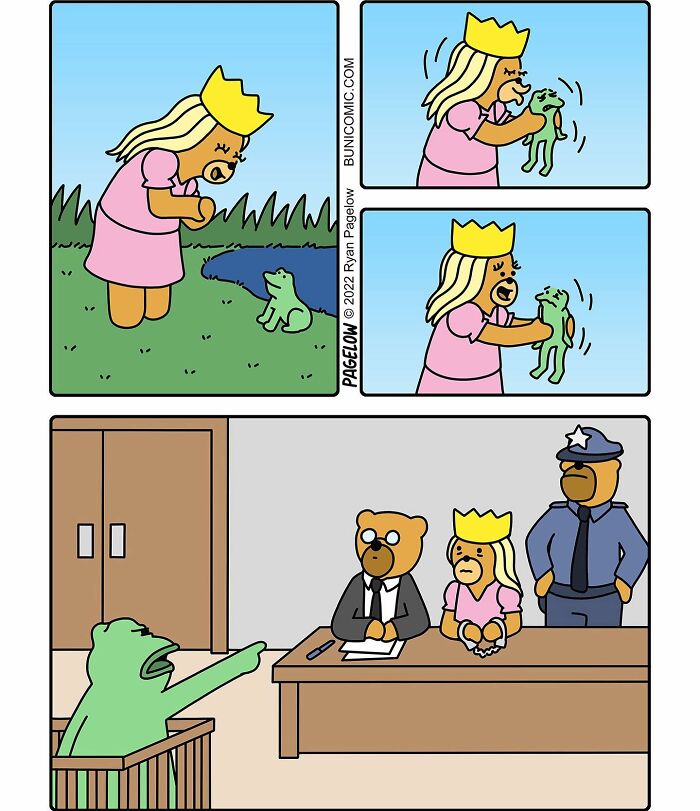 Comic strip showing a princess angrily confronting a frog, then facing a courtroom scene in a funny sad twisted comic style.