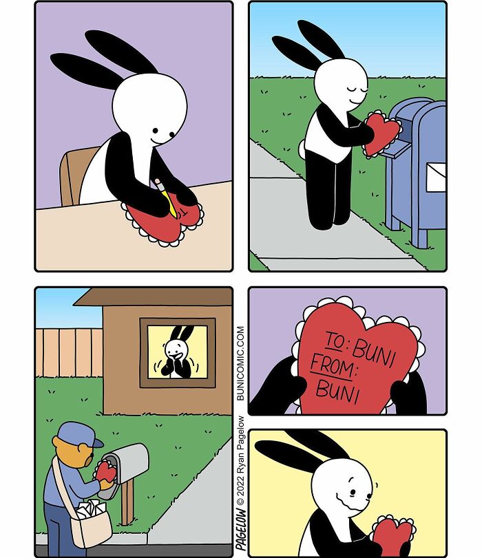 Buni comic strip showing a funny, sad, and twisted heart-shaped valentine being mailed and received.