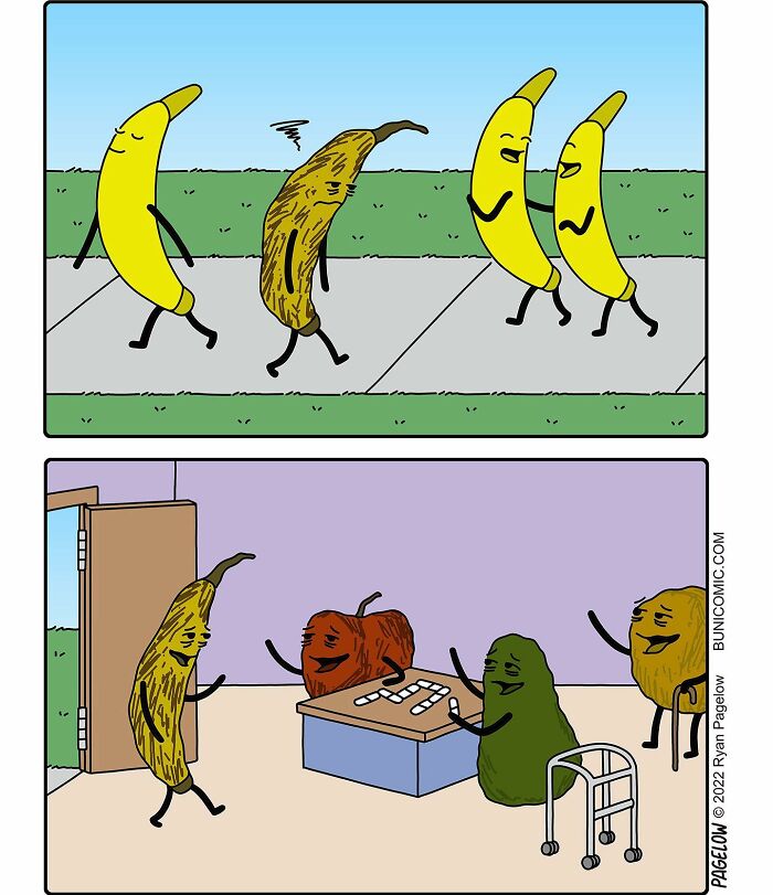 Funny and sad banana comics by Buni showing a ripe banana aging and socializing with other fruits indoors and outdoors.