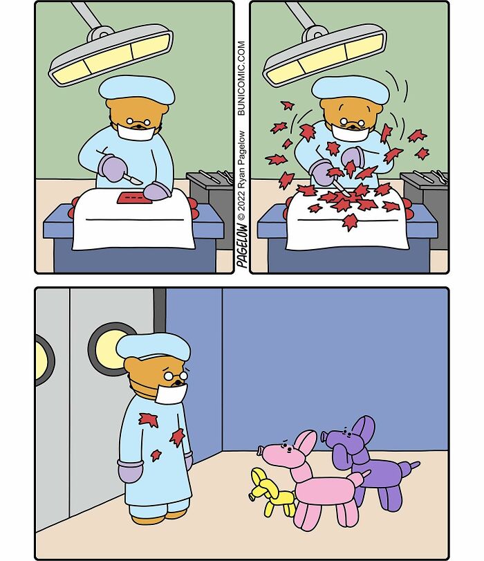 Surgeon bear cuts leaves that turn into balloon animals in a funny, sad, and twisted comic style by Buni.