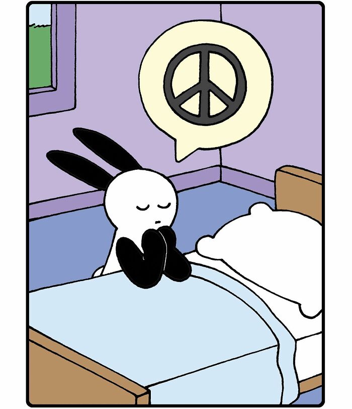 Buni comic showing a black and white rabbit praying beside a bed with a peace symbol in a speech bubble.