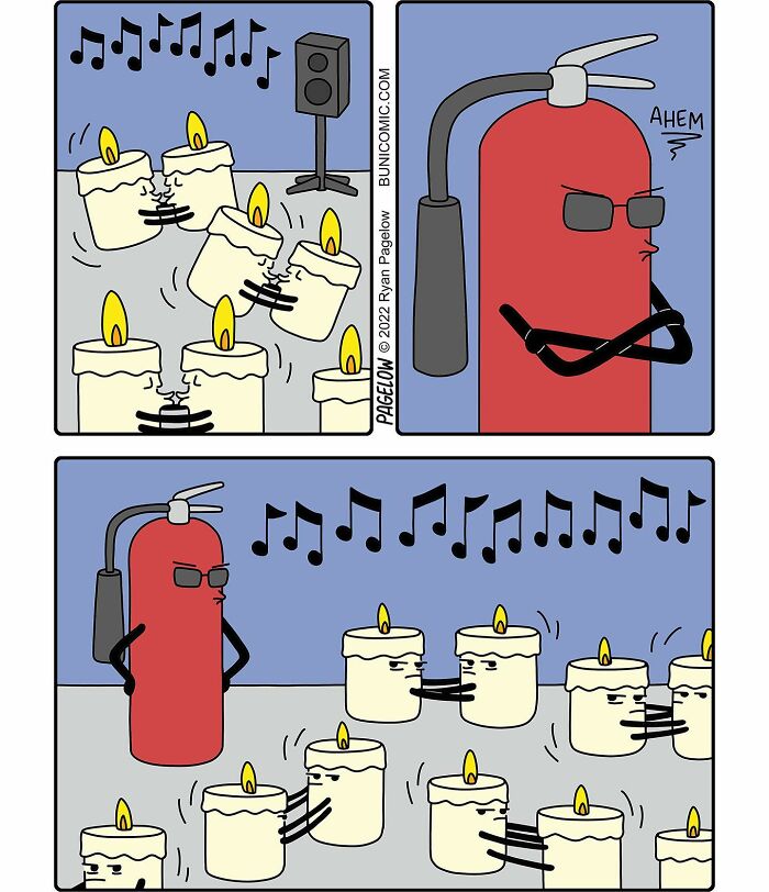 Cartoon fire extinguisher watching candles dance as music plays in a funny, sad, and twisted comic by Buni.
