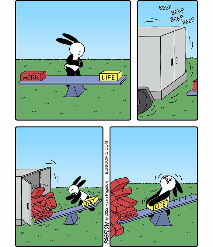 Comic strip by Buni showing a character balancing work and life on a seesaw with a humorous, sad twist.