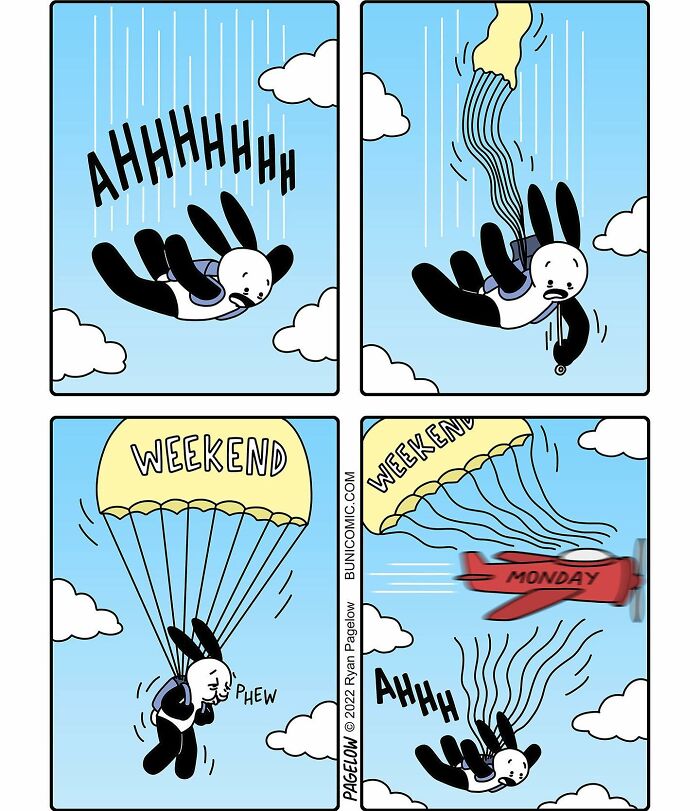 Comic strip of a rabbit falling with a weekend parachute disrupted by a Monday plane in a funny twisted comic style.