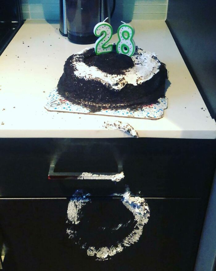 Cuando intentas sorprenderlo con un pastel de Oreo y se te cae… Y luego lo atrapas en el mueble