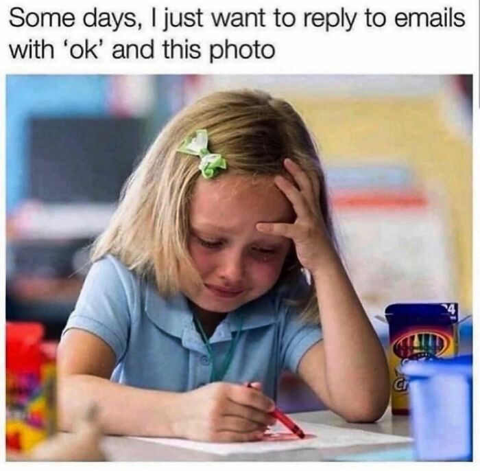 Crying girl at desk holding a crayon, illustrating corporate humor about responding to emails.