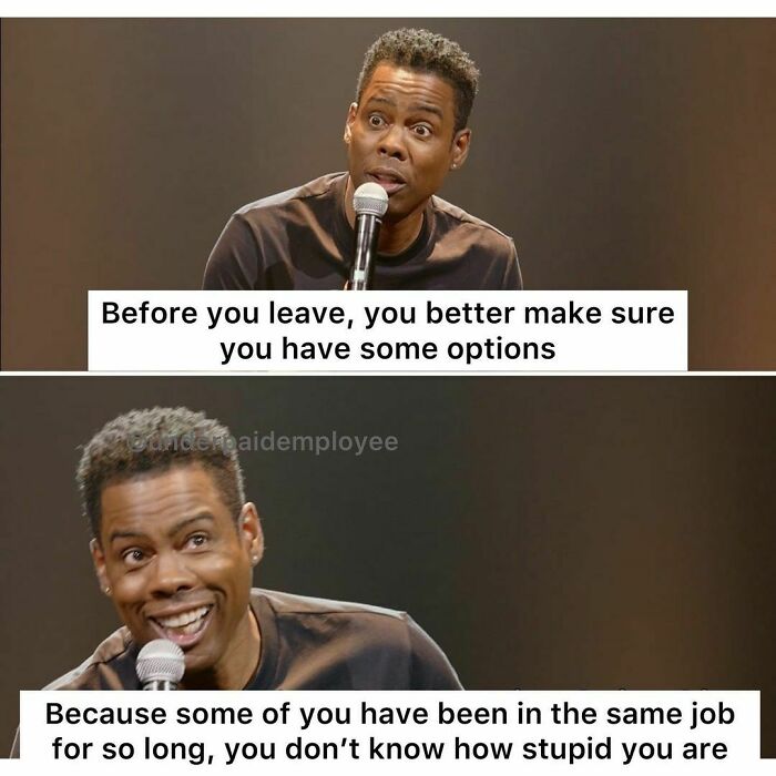 A comedian on stage with text about underpaid employees considering job options.