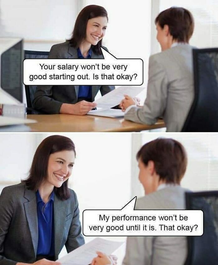 Office humor meme showing an interview with a witty comeback about salary and performance.