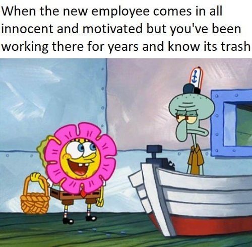 SpongeBob meme illustrating the frustration of underpaid employees, with SpongeBob as the eager new worker and Squidward as the cynical veteran.
