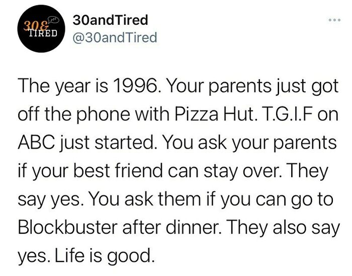 Instagram meme about millennials reminiscing the 1996 experience with Pizza Hut, TGIF, and Blockbuster.