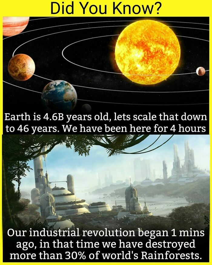 Illustration showing Earth’s age scaled to 46 years and industrial revolution impact, sharing unknown facts daily on Instagram.