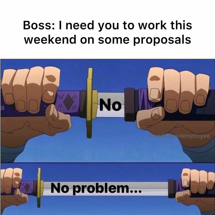 Hilarious meme for underpaid employees showing a sword labeled "No" turning into "No problem..."