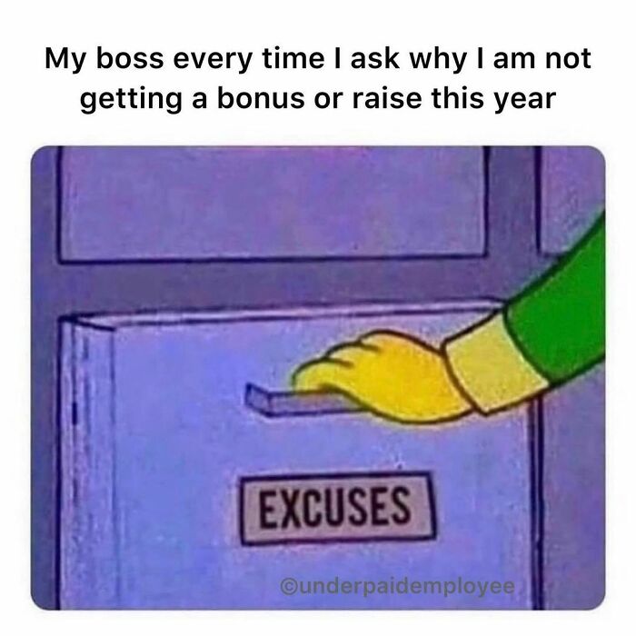Cartoon hand opening filing cabinet labeled 'excuses,' highlighting underpaid employees' frustration humor.