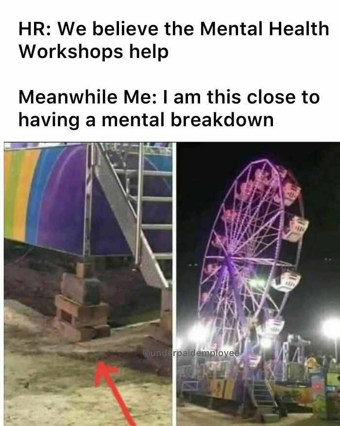 Meme with Ferris wheel humorously depicting the frustration of underpaid employees.