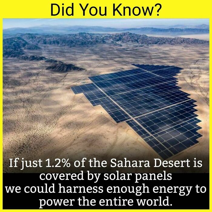 Aerial view of solar panels in a desert highlighting facts about harnessing energy for the entire world.