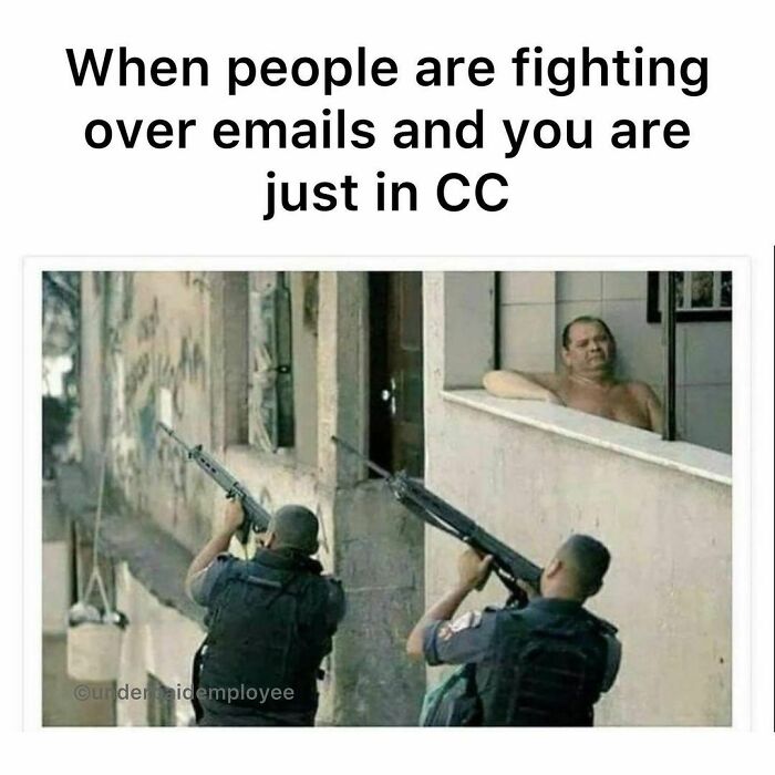 Two armed officers aim upwards as a relaxed man watches nonchalantly from a window, humorously depicting underpaid employees.