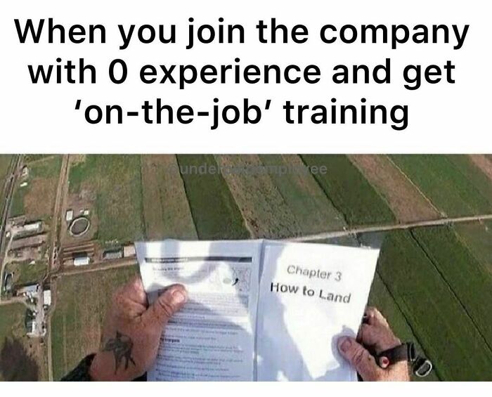 Parachuting meme about job training; frustrated underpaid employees humor.