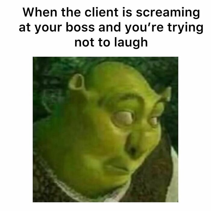 Meme showing Shrek smirking, with text about a client yelling at a boss. Underpaid employee humor.