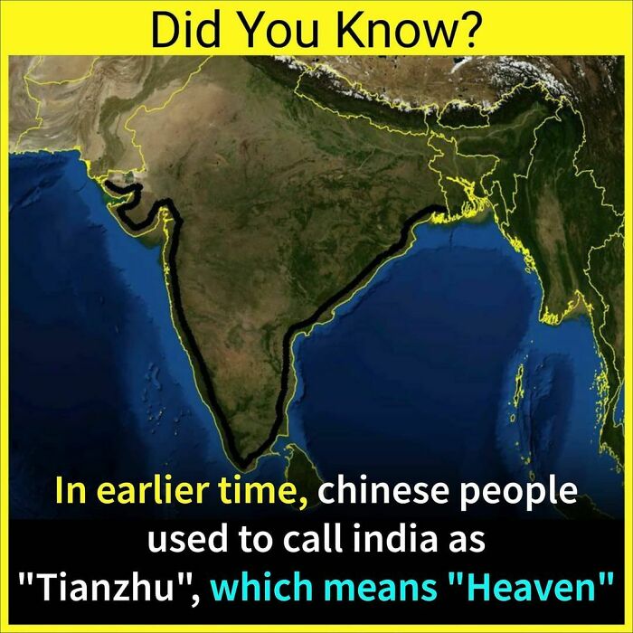 Satellite map of India with a fascinating unknown fact about the historical Chinese name Tianzhu meaning Heaven.
