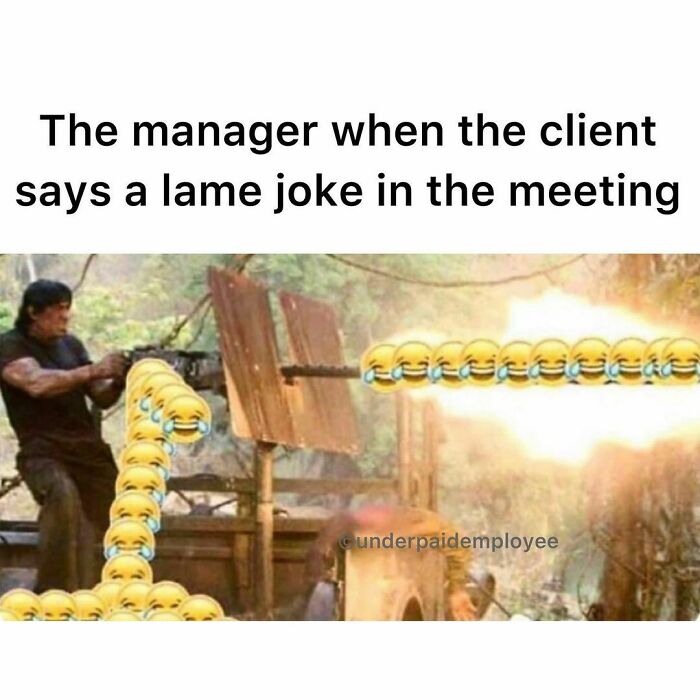 Meme of a man firing a machine gun with laughing emojis, depicting frustrations of underpaid employees.
