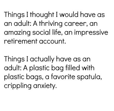 Millennial meme comparing adult expectations vs. reality with humorous text about career and social life.