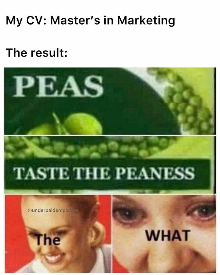 Meme about underpaid employees with peas and a humorous reaction image.