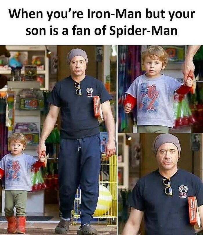 Father and son depicted in a humorously relatable meme, themed around Iron-Man and Spider-Man preferences.