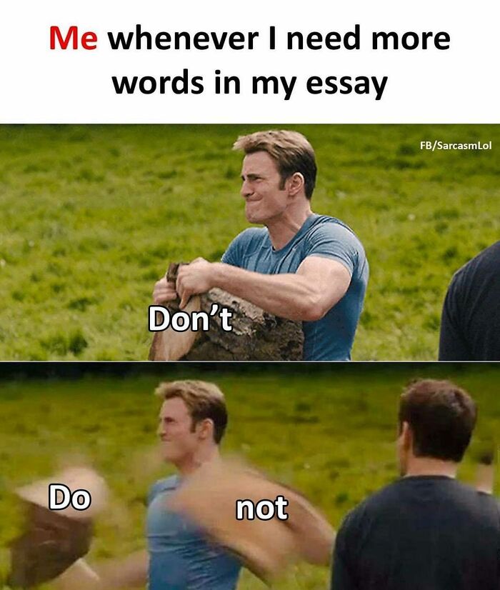 Man splitting wood humorously symbolizes needing more words in essays; relatable meme from 'Sarcasm Only' account.