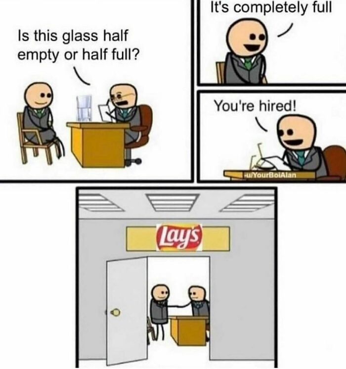 Comic strip about frustrated, underpaid employees with a humorous job interview scenario at a Lays office.