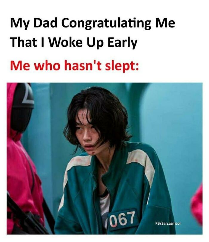 Meme depicting a tired person with caption about waking up early, shared on the 'Sarcasm Only' Instagram.