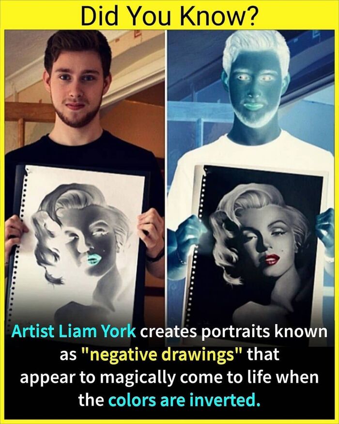 Man holding a portrait showing an example of negative drawings with colors inverted revealing a lifelike image unknown facts daily.