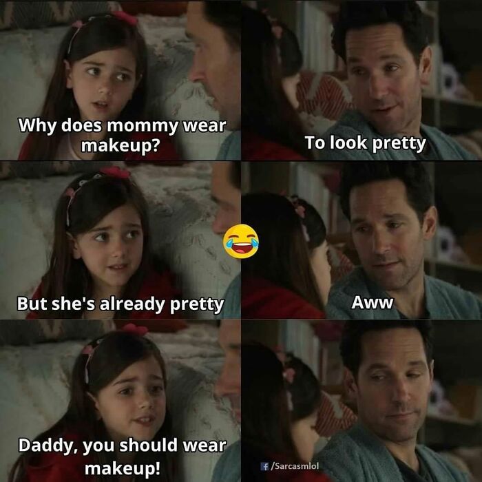Father and daughter discussing makeup in a funny meme from the 'Sarcasm Only' Instagram account.