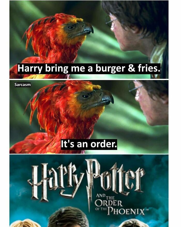 Sarcasm meme with a mythical creature demanding food from a young wizard, referencing a popular fantasy film.