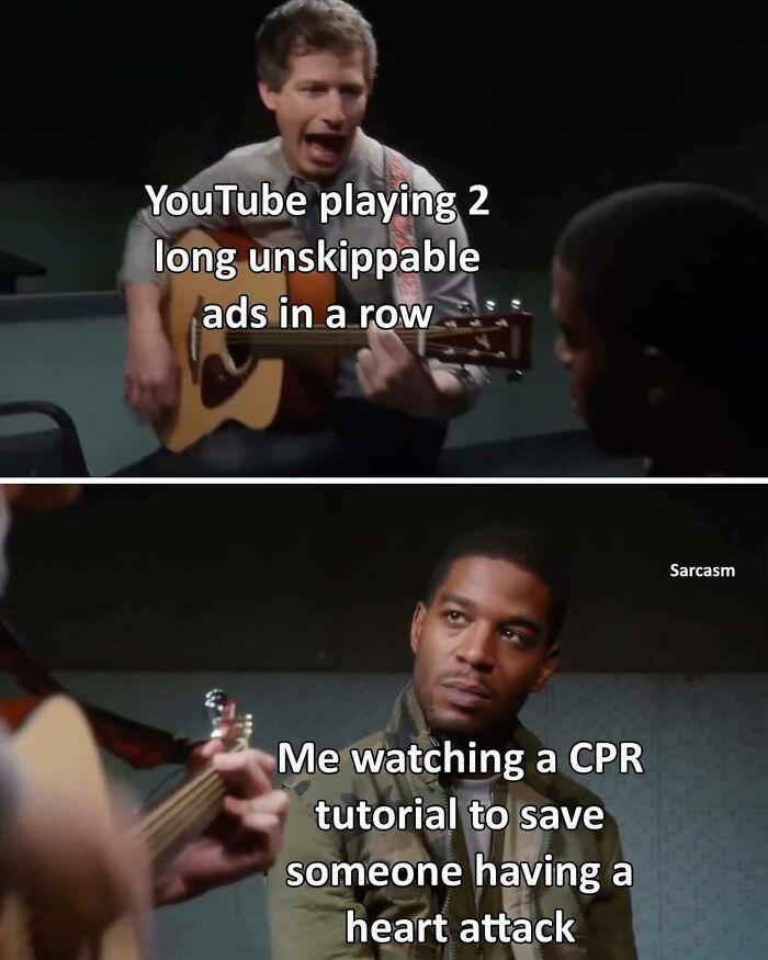 Person with guitar, humorous frustration with unskippable ads, relatable meme humor on Sarcasm Only Instagram account.