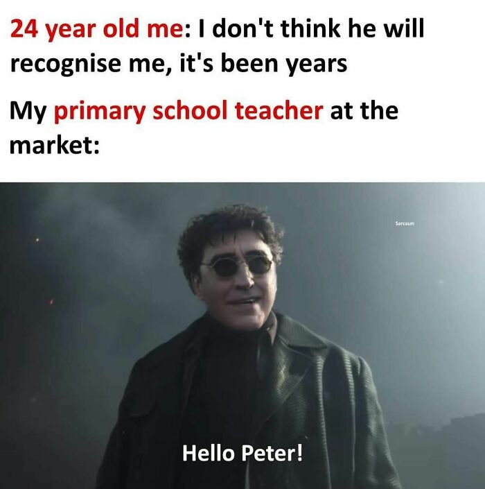 Man in sunglasses saying "Hello Peter!" in a humorous meme about recognizing someone after many years.