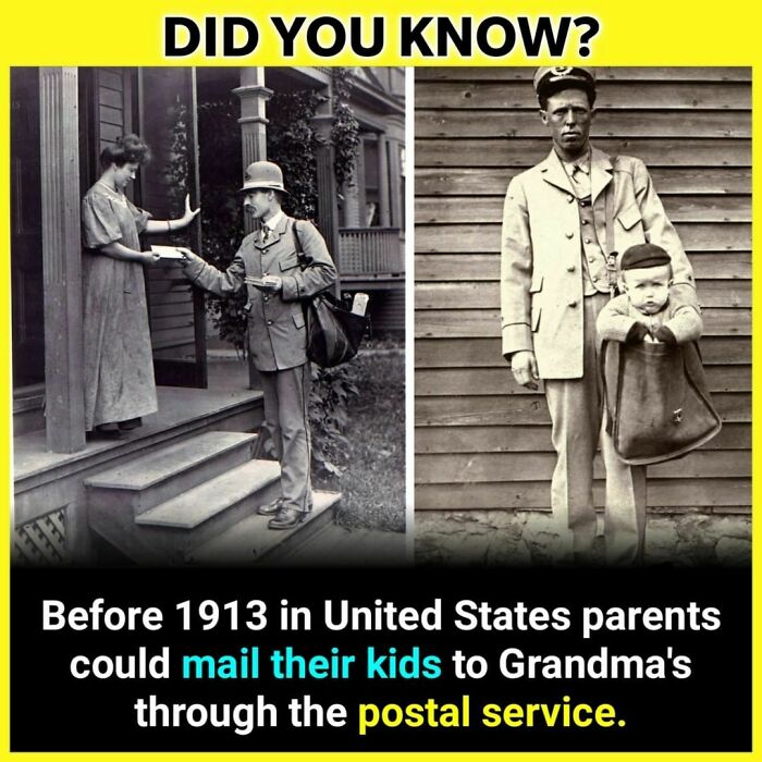 Vintage photos showing a postal worker mailing kids through postal service, illustrating unknown facts daily on Instagram.