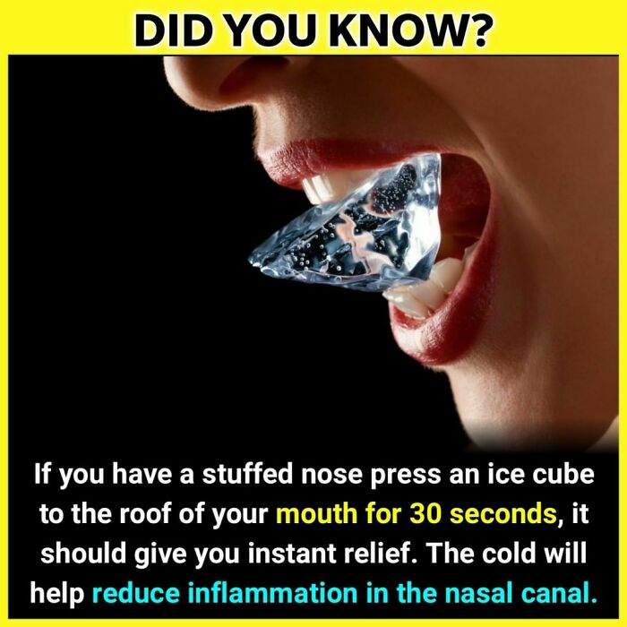 Close-up of a person pressing an ice cube to the roof of their mouth to reduce nasal inflammation fact.