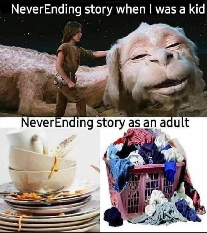 Millennials depicted in memes; childhood fantasy versus adult chores.