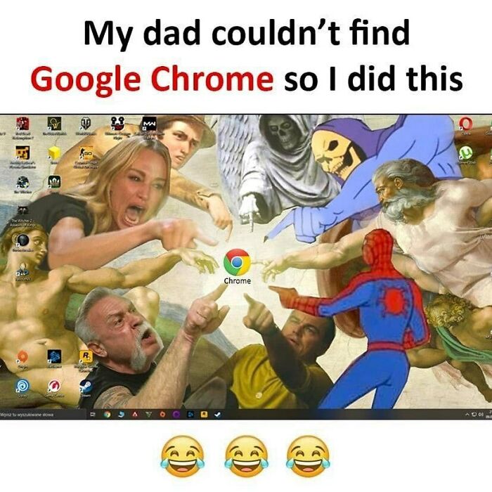 Relatable meme about Google Chrome with humorous desktop icons and classic meme characters reaching for the Chrome icon.